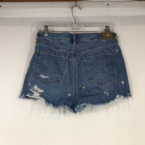 AMERICAN EAGLE - MEN'S 6 - BLUE FLORAL EMBROIDERED DENIM MOM JEAN SHORTS - Picture 2 of 4